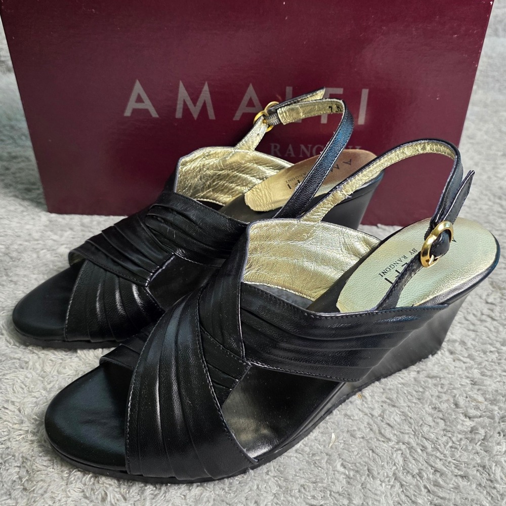 Amalfi by Rangoni Black Italian Leather Wedge Slingback Sandals 7M Italy‎ NEW
